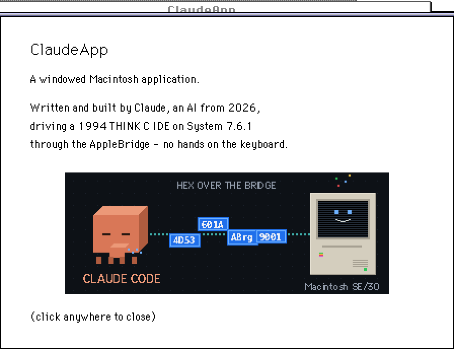 The About box of ClaudeApp animating on the emulated Macintosh — sixteen frames of the party title card, blitted by CopyBits on a timed WaitNextEvent tick