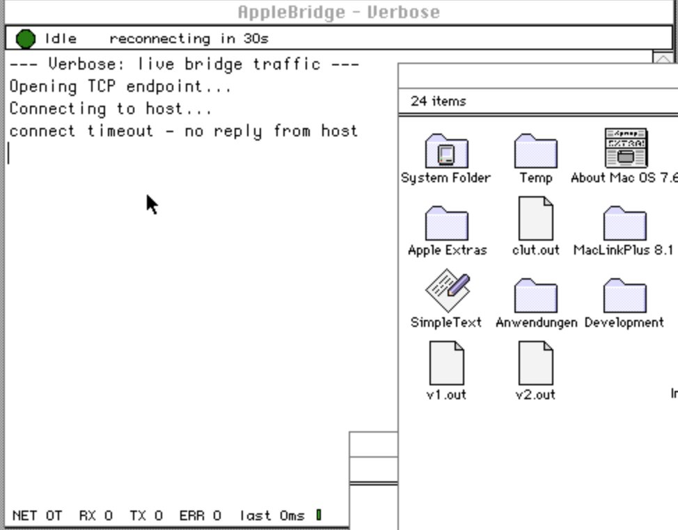 AppleBridge Verbose console during connect failure: status “reconnecting in 30s”, log line “connect timeout - no reply from host”, counters RX 0 TX 0 ERR 0