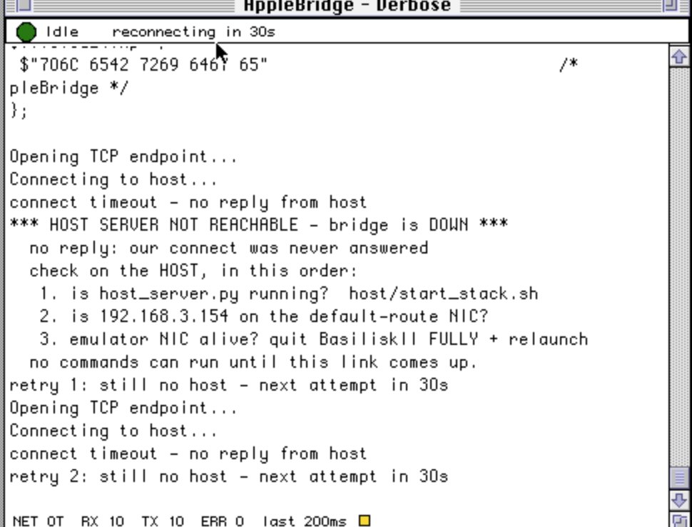 AppleBridge Verbose console showing the HOST SERVER NOT REACHABLE block with the three-step checklist, followed by one-line retry 1 and retry 2 entries