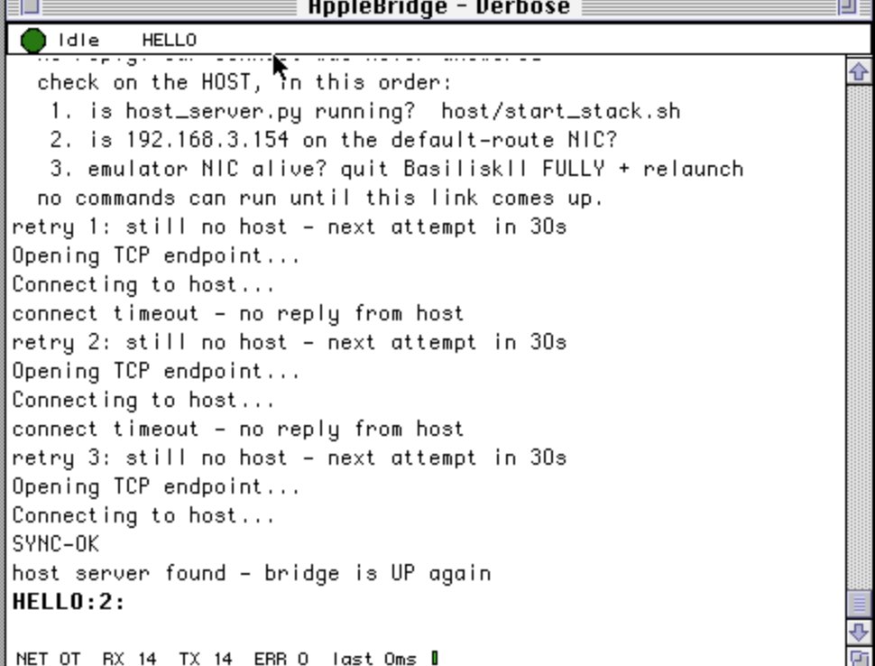 AppleBridge Verbose console showing retry 1 through retry 3, then SYNC-OK, “host server found - bridge is UP again” and HELLO:2