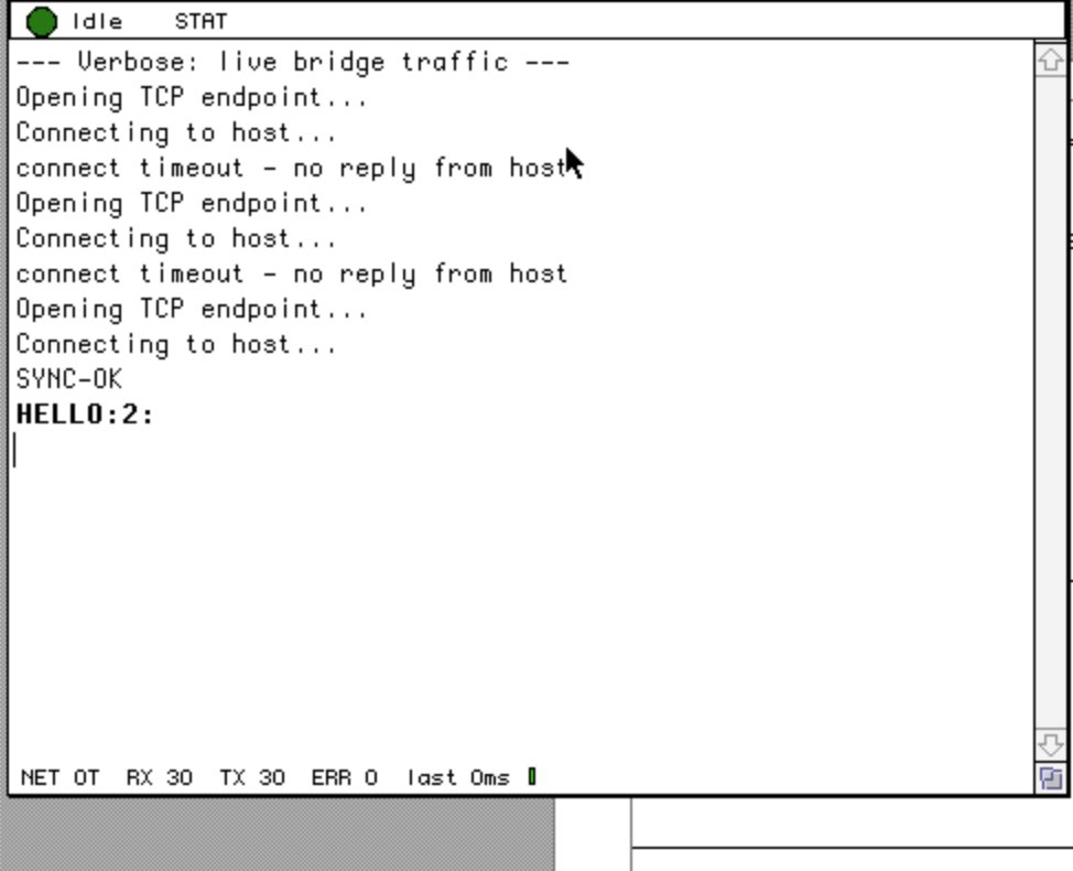 AppleBridge Verbose console after recovery: two “connect timeout” cycles followed by SYNC-OK and HELLO:2, counters RX 30 TX 30 ERR 0