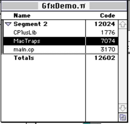 The rebuilt project without ANSI++: main.cp 3170, MacTraps 7074, CPlusLib 1776, totals 12602