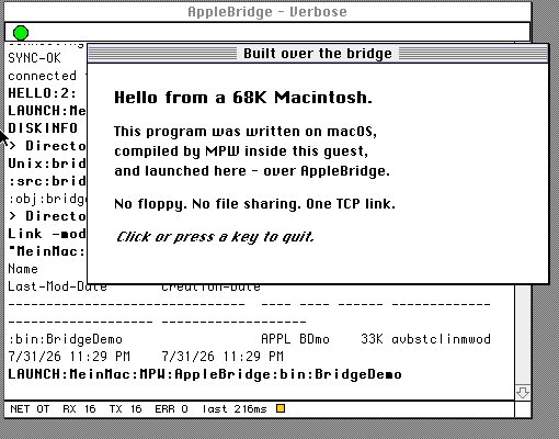 A program running in the System 7 guest, with the AppleBridge console behind it showing the compile, link and launch that produced it