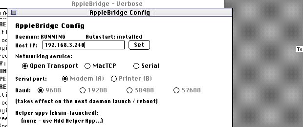The AppleBridge control panel in the guest with an address typed into its host-IP field from the host