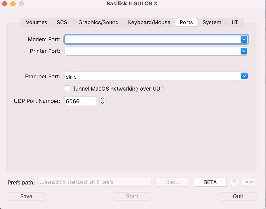 Basilisk II preferences, Ports tab — Ethernet Port set to slirp