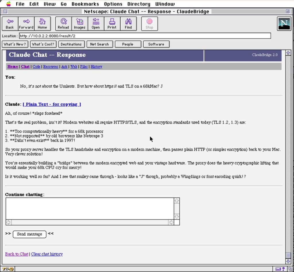 A conversation in chat mode — the model explains why TLS does not work on a 68k processor