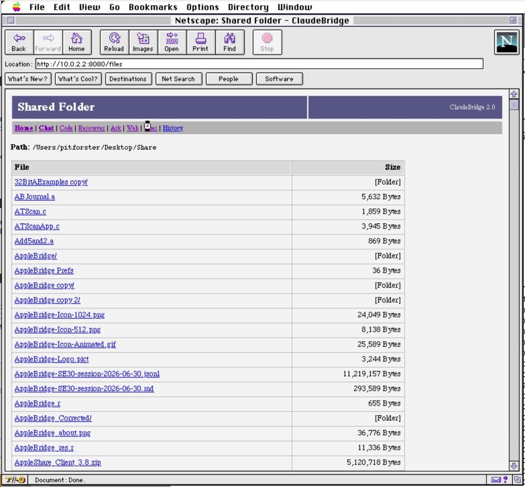 The Shared Folder in the browser — the emulator&rsquo;s shared directory, browsable from Netscape 3