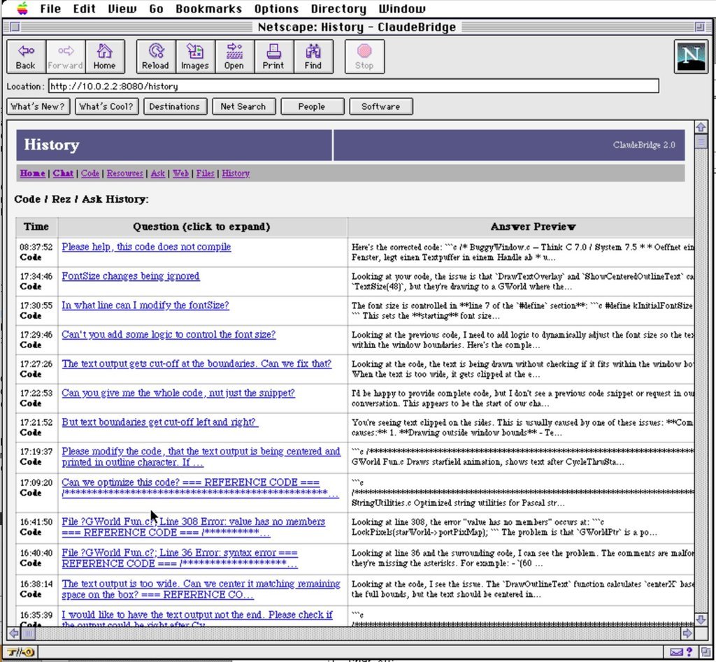 The history — questions and answers across several sessions, every row expandable