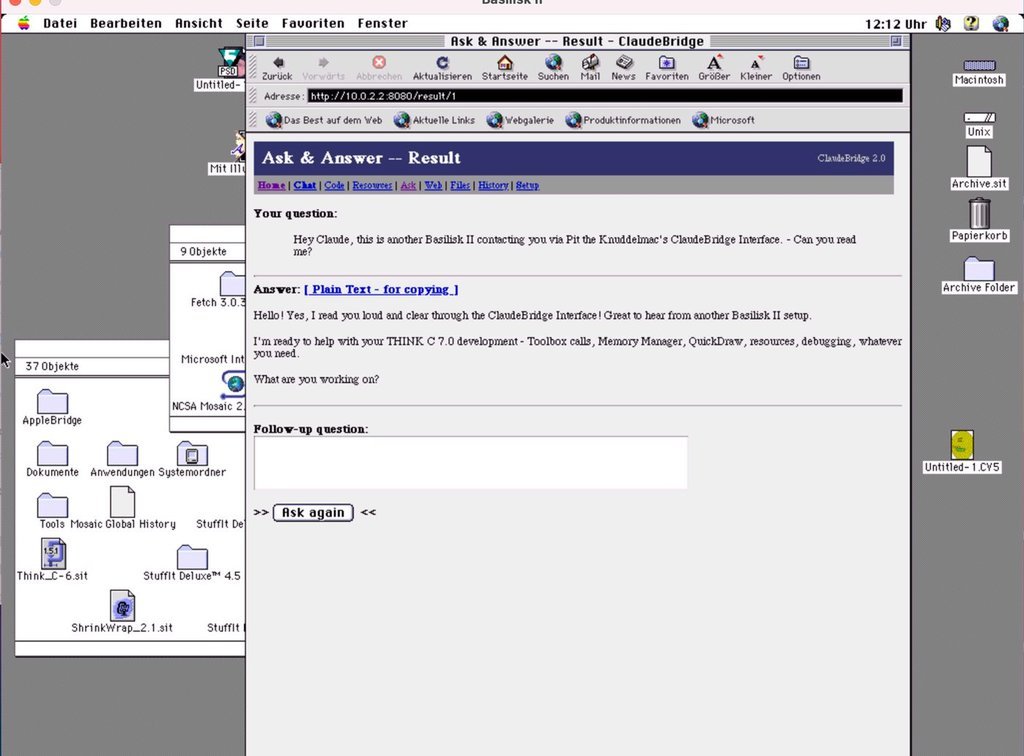 A freshly installed Basilisk II reaching the bridge — asked and answered through Internet Explorer under Mac OS 7.6.1