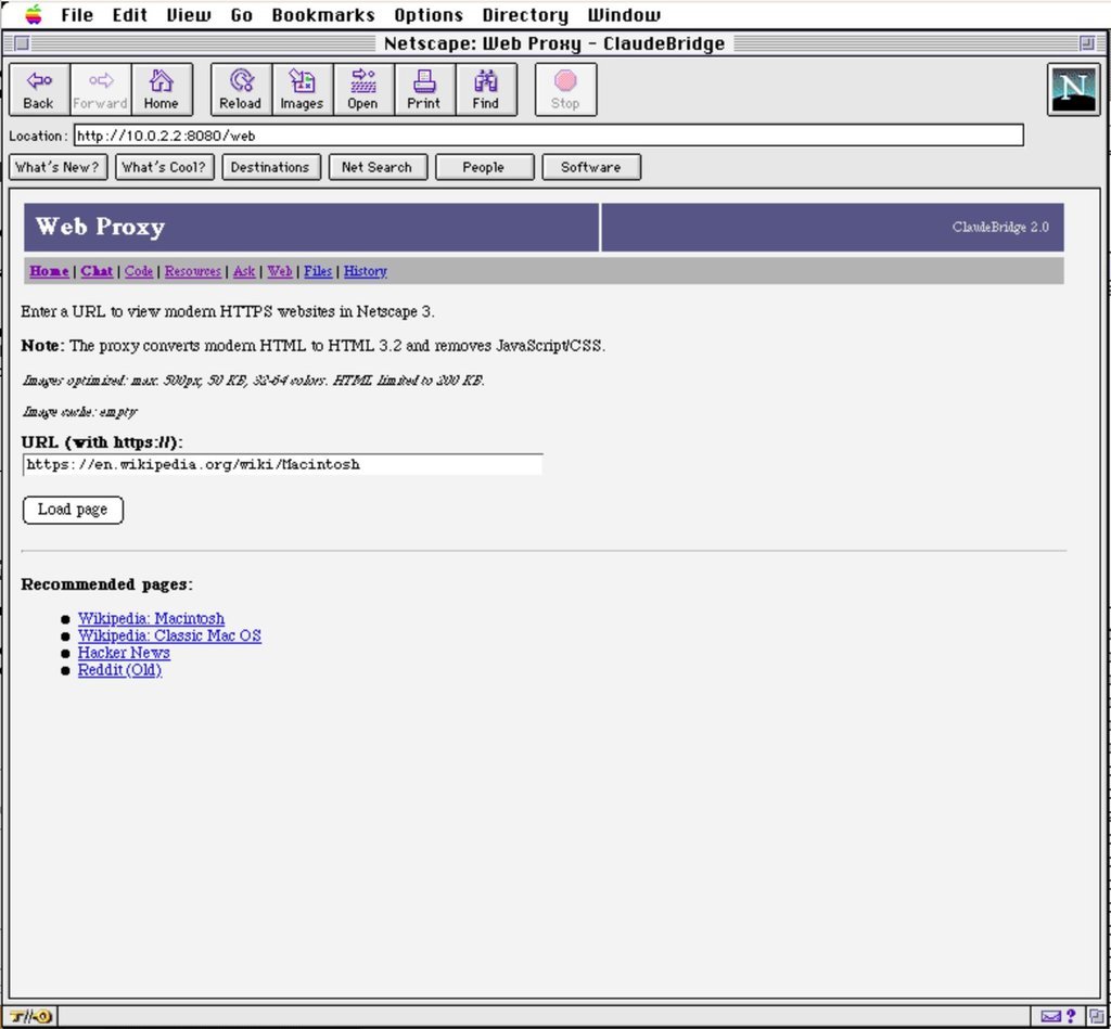 The web proxy input form — the limits for image size, colour depth and HTML volume are stated on the page itself