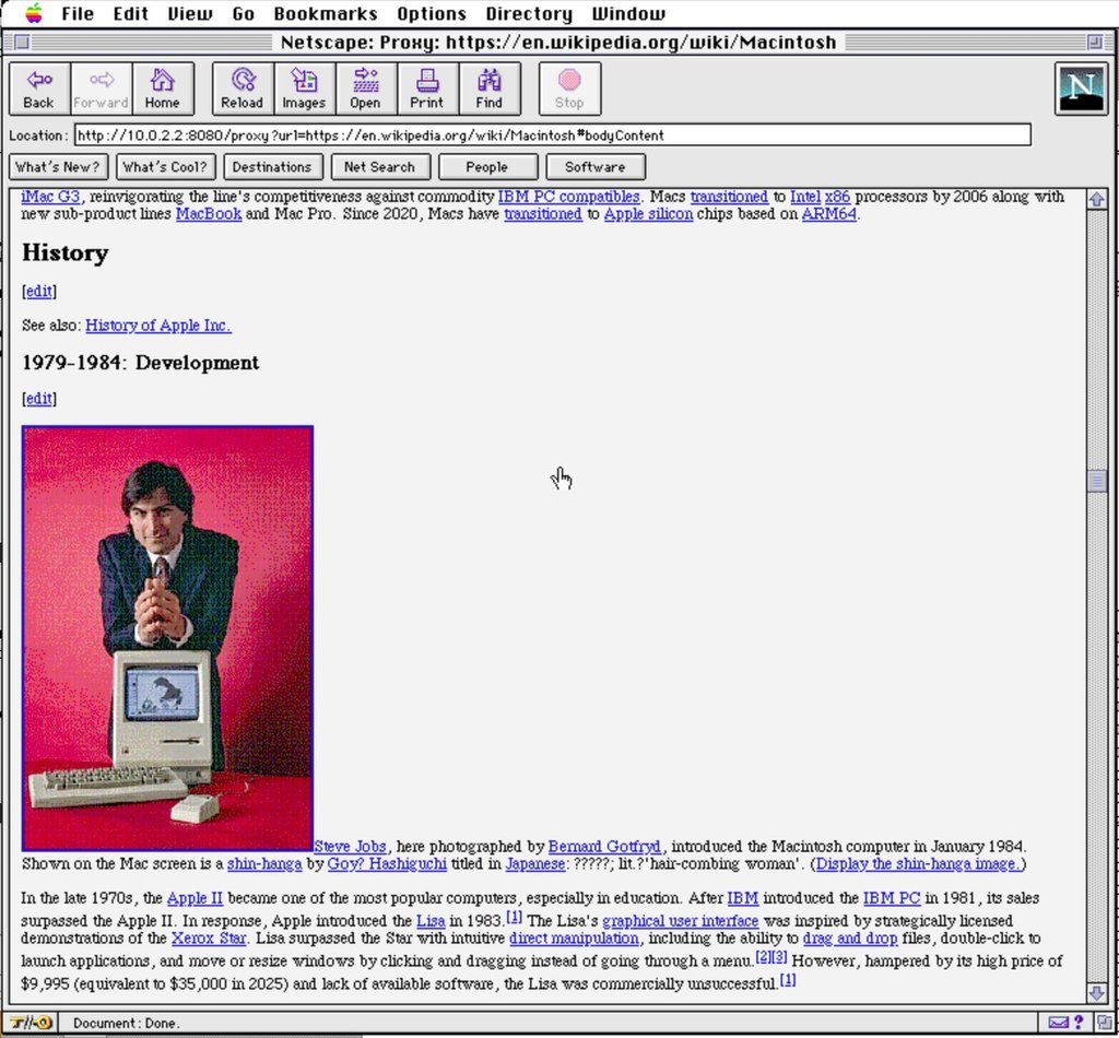 The Wikipedia article on the Macintosh through the proxy — the 1984 photograph as a colour-reduced, dithered GIF