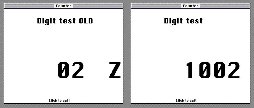 Left: the pre-fix build draws garbage and has corrupted the string below it. Right: the corrected build draws 1002 with its neighbour intact