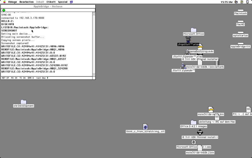 The daemon’s verbose console in the guest showing SYNC-OK, the host it reached on port 9000, and HELLO:2 for the negotiated protocol