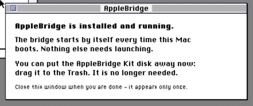 The daemon’s one-shot confirmation window on the first boot after installing: AppleBridge is installed and running, and the bridge starts by itself every time this Mac boots