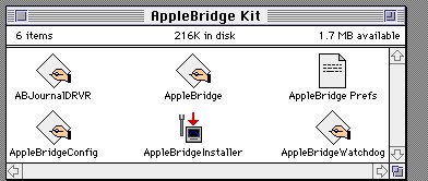 The mounted AppleBridge Kit volume in the guest, six items: ABJournalDRVR, AppleBridge, AppleBridge Prefs, AppleBridgeConfig, AppleBridgeInstaller and AppleBridgeWatchdog