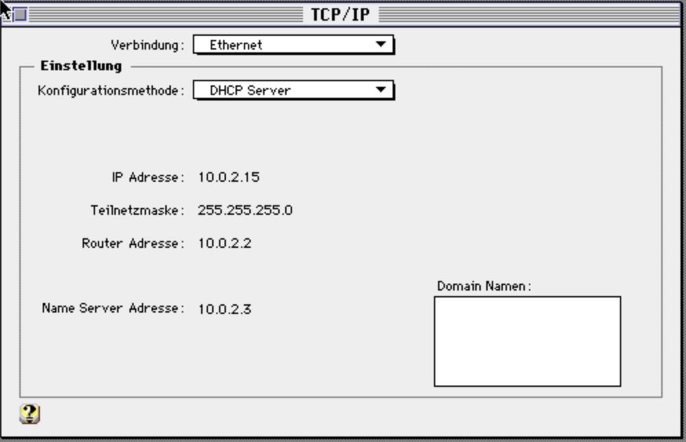 The guest’s TCP/IP control panel on DHCP: Connect via Ethernet, Configure Using DHCP Server, and the four values slirp supplies — 10.0.2.15, mask 255.255.255.0, router 10.0.2.2, name server 10.0.2.3