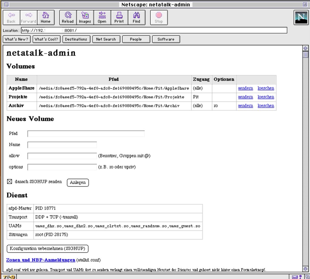 netatalk-admin im Netscape Navigator 3.04 unter System 7.6.1