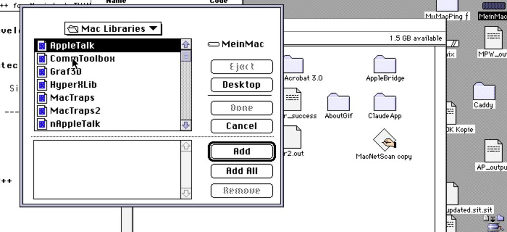 Inside Mac Libraries, showing AppleTalk, CommToolbox, Graf3D, MacTraps and others