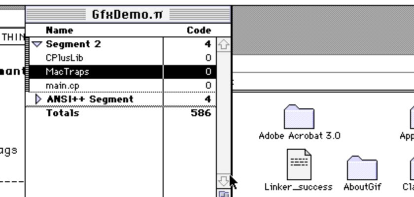 The project window listing CPlusLib, MacTraps and main.cp