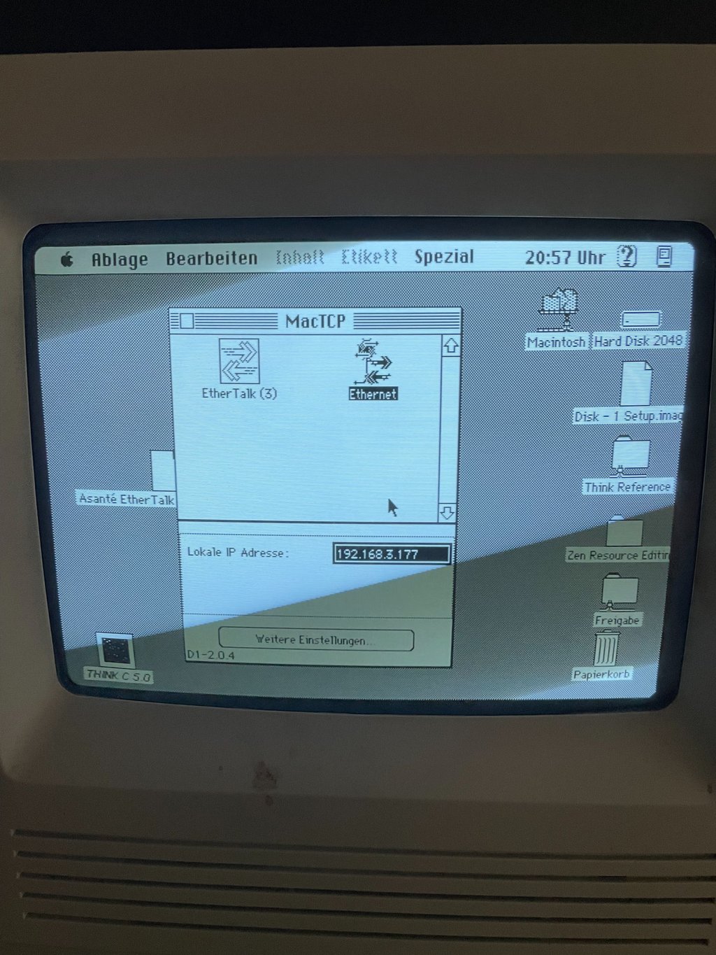 MacTCP 2.0.4 on the SE/30, Ethernet, 192.168.3.177