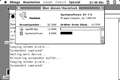 A live 512×342 framebuffer of the SE/30, captured through the bridge and decoded to PNG on the host