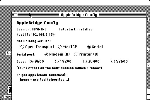 The Control Panel on the SE/30, over serial: NET=Serial and Modem (A) selected (the port row un-dimmed), Baud showing 9600 — while the daemon actually runs at 57600 (the preference never propagated) — and the window running off the bottom of the 512x342 screen, its button strip clipped below the edge.