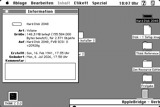 Get Info open on the SE/30, opened by remotely injected keystrokes