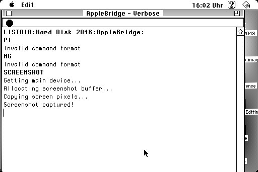 The SE/30&rsquo;s own 1-bit screen, captured over the serial cable — the AppleBridge daemon&rsquo;s console showing the LISTDIR commands and the SCREENSHOT verb arriving live