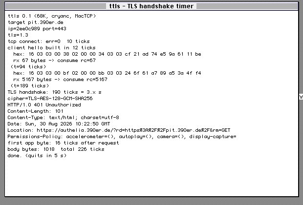 ttls on System 7: HelloRetryRequest at 94 ticks, TLS 1.3 handshake complete at 190 ticks, the decrypted HTTP 401 from pit.390er.de below