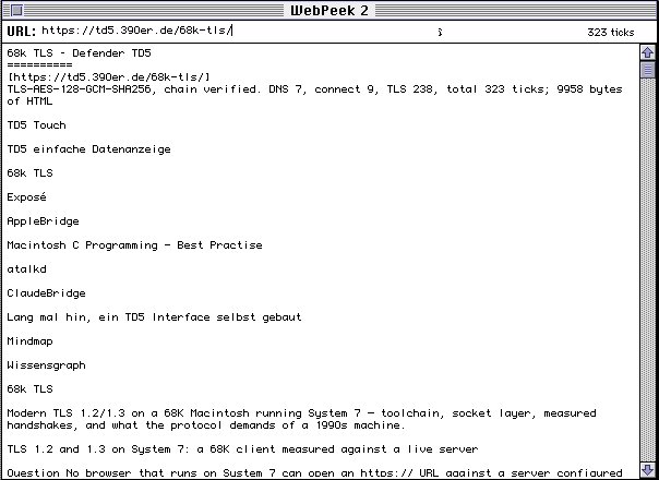 WebPeek 2 on System 7 showing the 68k TLS section of this site, fetched and verified by the 68K Macintosh itself